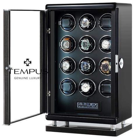 The Superior Watch Winder for Today's demanding Gentlemen. The Finest 12 Watch Winder available with Bio Metric Finger Print Access Technology. Instant individual recognition opening at the faintest touch. Touch Screen is beautifully designed for simple yet accurate setting. Remote Control. Guaranteed to wind All Automatic Watches. Programmed Rotation Routines are either Clockwise, Counter Clockwise or Both Directions 650, 750, 850, 1000 or 1950. Size 35W x 21D x 59 Watch Cabinet, Automatic Watch Winder, Watch Safes, Biometrics Technology, Leather Watch Box, Watch Winders, Fingerprint Lock, Watch Storage Box, Watch Holder