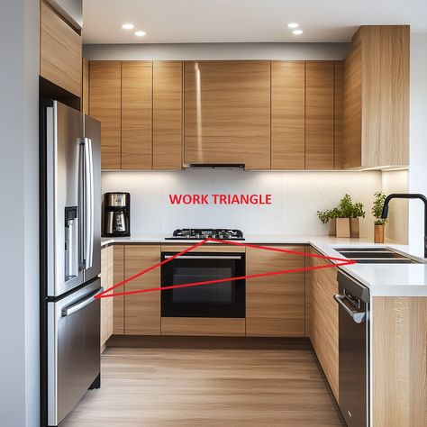 📐 The Kitchen Work Triangle 📐 The work triangle—sink, stove, fridge—should form a clear path for easy movement. This design principle makes kitchens more efficient. Does your kitchen have it? #WorkTriangle #DesignEfficiency" Kitchen Work Triangle, Work Triangle, Design