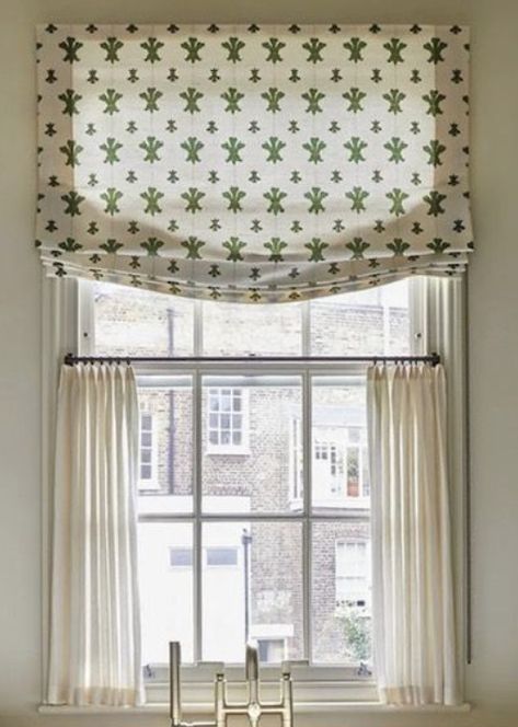 Cafe Curtains With Roman Shades, Tiny Window Treatments, Roman Shade With Cafe Curtains, London Blinds Roman Shades, Cafe Curtain With Roman Shade, Balloon Shades Curtains, Timeless Window Treatments, Kitchen Drapery Ideas, Craftsman Window Treatments