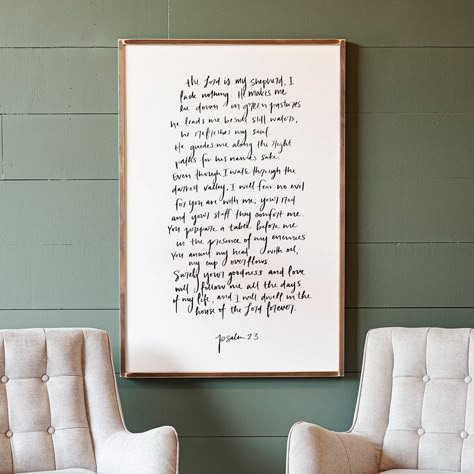 Our handmade signs are made to order from 100% wood, right here in the U.S. DESCRIPTION This a print of Psalm 23, originally hand lettered by one of our artists. The original is made into a digital file and printed directly to the painted wood. DIMENSIONS 17x25 inches 20x30 inches 24x36 inches 28x42 inches 32x48 inches (can vary by 1/2") Psalm 23 Wood Sign, Psalm 23 Wall Art, Scripture Signs Wooden, Tapestry Frame, Gospel Art, Catholic Wall Art, Bible Verse Signs, Scripture Signs, Christian Artwork