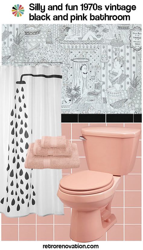 16 designs to decorate a pink and black bathroom - Retro Renovation Pink Tile Bathroom, Pink And Black Bathroom, Retro Pink Bathroom, Black Tile Bathrooms, Pink Bathroom Accessories, Bathroom Retro, Pink Bathroom Decor, Retro Bathrooms, Retro Renovation