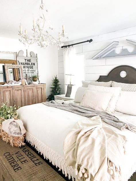 5 Simple Ways to Enjoy Your Home Right Now #robynsfrenchnest #springdecorrefresh White Brick Bedroom Wall, Wreath Over Bed, Valentine's Breakfast, Shiplap Bedroom, Rustic Farmhouse Bedroom, White Coverlet, Restful Bedrooms, White Bedspreads, Winter Bedroom