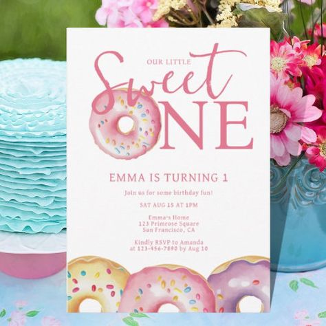 Donut Sweet One 1St Birthday Party Invitation #zazzle #weddinginvitations #birthdayinvitations #babyshowerinvitations #zazzleinvitations #monogram #businesscards #graduation #homedecor Sweet One 1st Birthday, Donut Themed Birthday Party, Birthday Donuts, Purple Girl, Pink Donut, 1st Birthday Party Invitations, First Birthday Party Themes, First Birthday Themes, Party Details