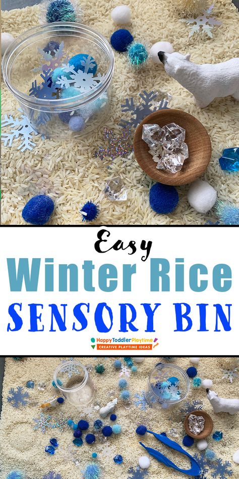 Super Easy Winter Rice Sensory Bin - HAPPY TODDLER PLAYTIME Rice Sensory Bin, Winter Sensory Bin, Winter Sensory, Diy Sensory Board, Sensory Activities Toddlers, Winter Classroom, Curious Kids, Winter Preschool, Theme Activity