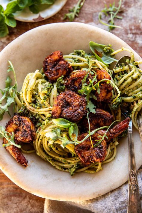 Cajun Garlic Butter Shrimp with Creamy Pesto Pasta | halfbakedharvest.com Pasta Recipes Pesto, Pesto Recipes Dinner, Pesto Shrimp Pasta, Winter Pasta, Spicy Garlic Shrimp, Cajun Shrimp Recipes, Creamy Pesto Pasta, Creamy Pesto Sauce, Half Baked Harvest Recipes