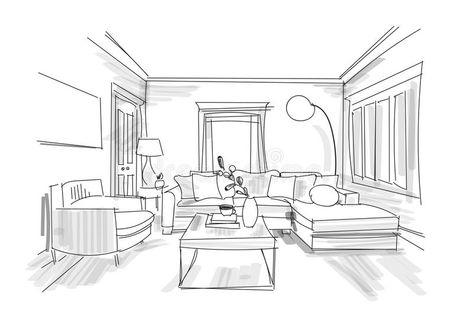 Interior design sketch. hand drawn vector illustration of sitting room furniture. Living room furniture set modern. Vector home interior design illustration royalty free illustration Interior Design Sketches For Beginners, Book Interior Design, Sketches Book, Tutorial Sketch, Interior Design Vector, Sketches For Beginners, Living Room Illustration, Furniture Design Sketches, Drawing Interior