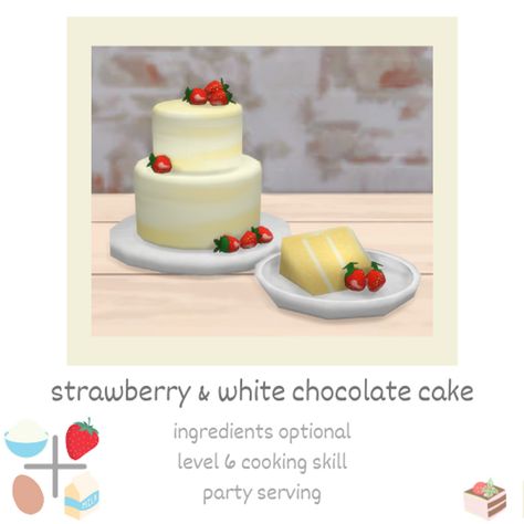 strawberry & white chocolate cake 🍰 | Littlbowbub on Patreon Strawberry White Chocolate, Sims 4 Kitchen, White Chocolate Cake, The Sims 4 Pc, Party Serving, Sims 4 Expansions, Sims 4 Cc Folder, Sims 4 Gameplay, Custom Recipe