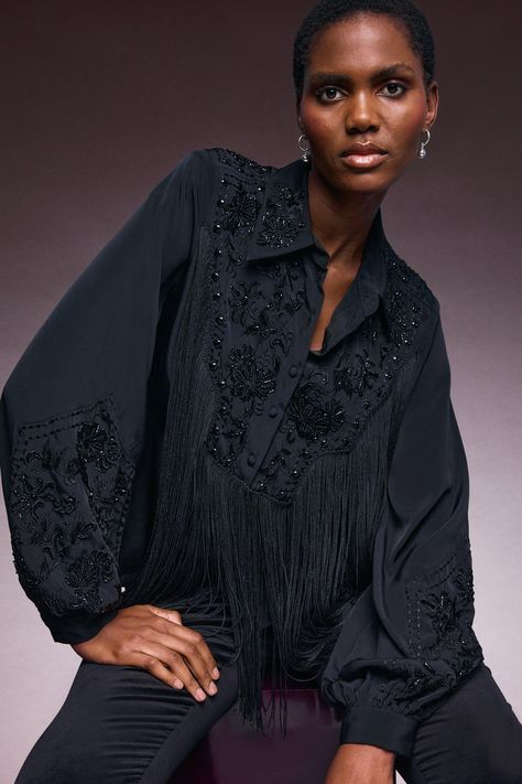 Fringe Embellished Western Shirt Embellished Shirts Women, Western Shirt Dress, Western Shirts For Women, Black Blouses, Frill Shirt, Western Blouse, Fringe Shirt, White Blouses, Ladies Clothes Fashion