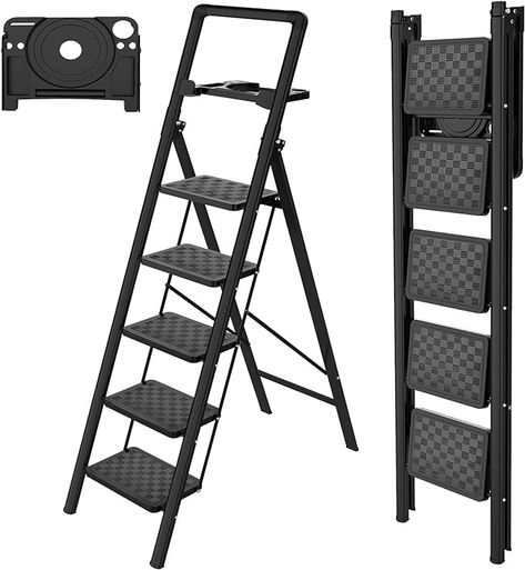 HBTower Step Ladder, 5 Step Ladder Folding Step Stool with Tool Platform, Portable Sturdy Steel Ladder for Adults Home Outdoor Kitchen Garage, Black - Amazon.com Folding Step Stool, Kitchen Garage, Paint Buckets, Wrench Tool, Step Ladder, Folding Stool, Home Repairs, Home Outdoor, Workshop Equipment