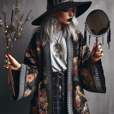 Colourful Witchy Outfits, Dark Boho Aesthetic Outfit, Boho Punk Aesthetic, Witchy Corporate Outfits, Romani Outfit Aesthetic, Bog Witch Aesthetic Outfit, Lunar Witch Aesthetic Outfits, Witchy Streetwear, Gothic Boho Fashion