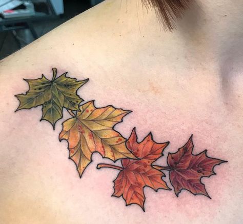 Maple Leaf Vine Tattoo, Fall Season Tattoo, Leaves On Stomach Tattoo, Fall Leave Tattoos, Fall Floral Tattoo, Fall Tattoos For Women, Maple Leaf Tattoo Design, Fall Tattoo Sleeve, Fall Themed Tattoos