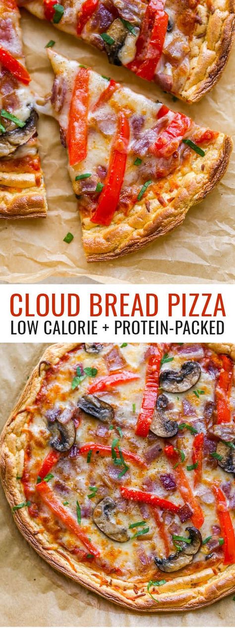 This cloud bread pizza is made with whipped egg whites. It's flavorful and satisfying while being high in protein, low calorie and low fat! Pizza Low Calorie, Cloud Bread Pizza, Calories Pizza, Low Calorie Pizza, Protein Pizza, Low Calorie Protein, Baking Powder Uses, Boiled Egg Diet Plan, Cloud Bread