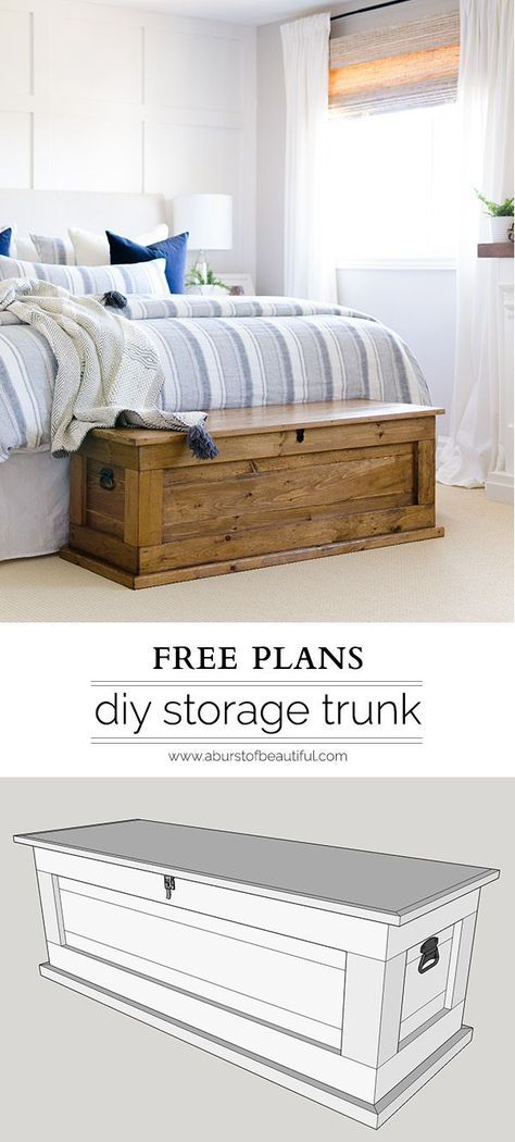 This DIY blanket storage chest will fit beautifully into any space and provides great additional storage for items such as blankets, pillows and toys. It can also be used as a coffee table, bench in an entryway or at the foot of a bed. It's simple, clean lines make it a timeless piece for your home. Diy Blanket Storage, Blanket Storage Chest, Diy Storage Trunk, Koti Diy, Diy Blanket, Diy Rangement, Coffee Table Bench, Hemma Diy, Diy Furniture Bedroom