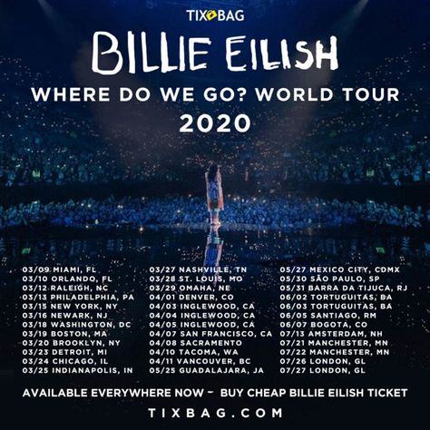 Billie Eilish 2020 World Tour Tickets Get On Sale Now. Tixbag.com is your local resource for cheap tickets to see Billie Eilish Concert 2020. See complete Billie Eilish 2020 world tour details, including by date, location, interactive charts for seating location and much more.  See Ticket & Dates Here: https://tb.tixbag.com/via195 Billie Eilish Tour, Billie Concert, Billie Eilish Concert, Care Basket, Bday Wishlist, Interactive Charts, State College Pa, Event Posters, Sebastian Yatra