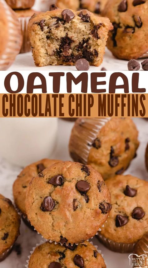 Oatmeal Chocolate Chip Muffins made with oats, buttermilk and lots of chocolate chips! Deliciously soft muffin recipe made completely from scratch. Soft Muffins Recipe, Easy Oatmeal Muffins, Healthy Chocolate Chip Muffins, Oatmeal Cupcakes, Chocolate Chip Muffins Easy, Oatmeal Chocolate Chip Muffins, Choc Chip Muffins, Oatmeal Muffin Recipes, Chocolate Muffin Recipe