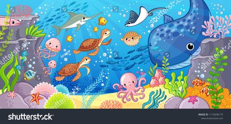 Undersea world. Cute cartoon animals underwater. Vector illustration on a sea theme.cartoon#animals#Cute#Undersea Underwater Cartoon, Seni Mural, Playroom Wallpaper, Party Photo Backdrop, Undersea World, World Wallpaper, Wallpaper Walls Decor, Kids Room Wallpaper, Sea Theme