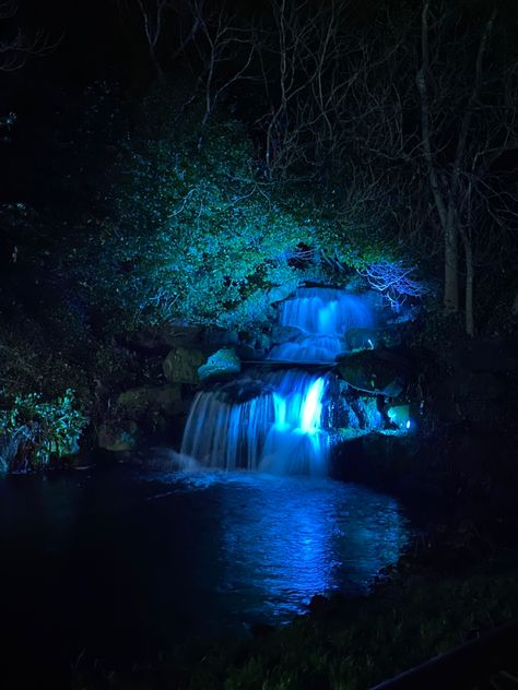 Water And Nature Aesthetic, Mystical Ocean Aesthetic, Waterfall At Night Aesthetic, Waterfalls At Night, Blue Waterfall Aesthetic, Bioluminescent Aesthetic, Dark Waterfall Aesthetic, Hot Spring Aesthetic, Magical Lagoon