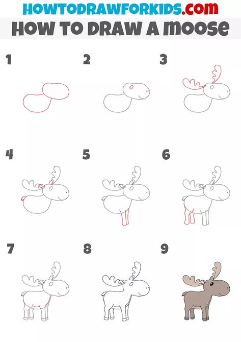 Moose Drawing Easy, Simple Moose Doodle, How To Draw A Moose Step By Step, Moose Head Drawing, Moose Drawing Simple, How To Draw Woodland Animals, How To Draw A Moose, Moose Doodle, Moose Sketch