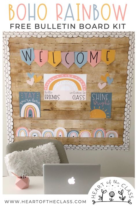 Boho Rainbow Bulletin Board, Teacher Desk Area, Free Bulletin Board, Free Classroom Decor, Welcome Bulletin Board, Rainbow Bulletin Boards, Elementary Classroom Themes, Boho Rainbow Classroom, Bulletin Boards Classroom Decor