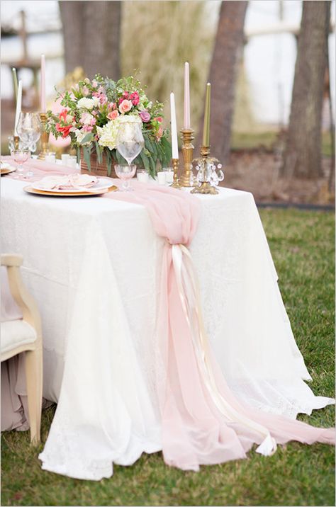 Pink, white, and gold table decor ideas. #reception #weddingdecor #weddingchicks Event Design By: Bella Zu Styling ---> http://www.weddingchicks.com/2014/04/25/table-for-two-romantic-engagement/ Tulle Table Runner Wedding, Bridal Back Drop Ideas, Tule Table Runner, Tulle Table Decorations, Bridal Luncheon Decor, Bridal Luncheon Ideas, Wedding Table Runner Ideas, Rustic Brunch, Tulle Table Runner