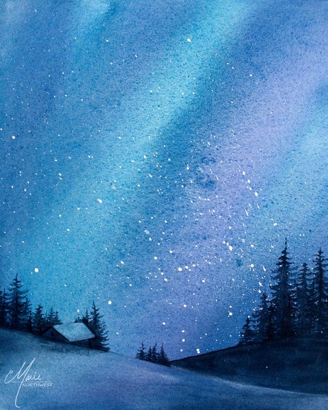 Northern Lights Painting Watercolors, Watercolour Skies, Eugenia Gorbacheva, Watercolor Northern Lights, Aquarelle Ideas, Mountain Wall Painting, Celestial Painting, Northern Lights Watercolor, Lights Painting