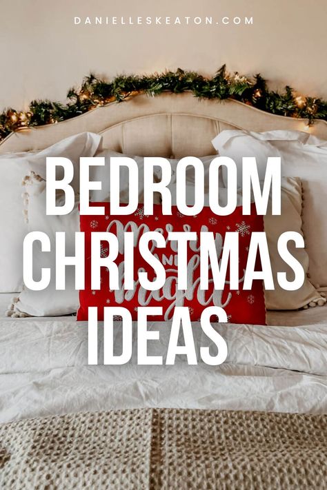 Looking for bedroom Christmas ideas? Come take a look inside our very merry bedroom and get ideas that won't break your back or the bank! Christmas Decor Ideas. Simple Christmas Decor. Christmas Bedroom Shelf Decor, Christmas Decor Guest Bedroom, Christmas Garland Bedroom, Bedside Table Christmas Decor, Decorating Bedrooms For Christmas, Bedroom Decor For Christmas, Simple Bedroom Christmas Decor, Small Room Christmas Decorating Ideas, White Christmas Bedroom Ideas