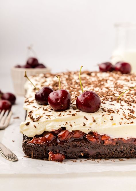 Black Forest Poke Cake - Cake by Courtney Black Forest Poke Cake, Black Forest Brownies, Pumpkin Poke Cake, Chocolate Hazelnut Cake, Weekly Recipes, Chocolate Cherry Cake, Chocolate Sheet Cake, Canned Cherries, Hazelnut Cake