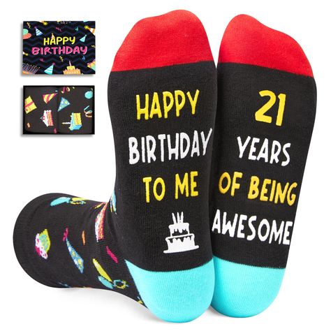 PRICES MAY VARY. BIRTHDAY GIFTS: These socks feature birthday gifts, hats, cakes, balloons, and other elements on the top, while the bottom features a hilarious secret message written in non-slip ink: "HAPPY BIRTHDAY TO ME, 21 YEARS OF BEING AWESOME." SIZE: Our unisex birthday socks fit most men's US size 6-13 feet and most women's US size 7 and up. Each exclusive gift box contains one pair of 21st birthday socks. QUALITY MATERIAL: Experience the soft touch of funny socks made from 80% cotton, e Birthday Gifts For Men, Happy Birthday To Me, Brother In Law, Perfect Birthday Gift, Old Man, Perfect Birthday, Gifts For Men, Year Old, Balloons