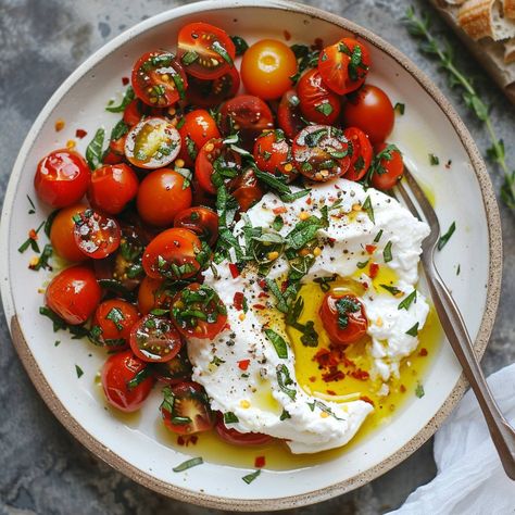 Burrata Tomato Basil Appetizer, Cherry Tomato Burrata, Tomatoes With Burrata, Marinated Cherry Tomatoes, Eggplant Caviar, Black Cherry Tomato, Tomato Breakfast, Cherry Tomato Recipes, Heirloom Tomato Salad