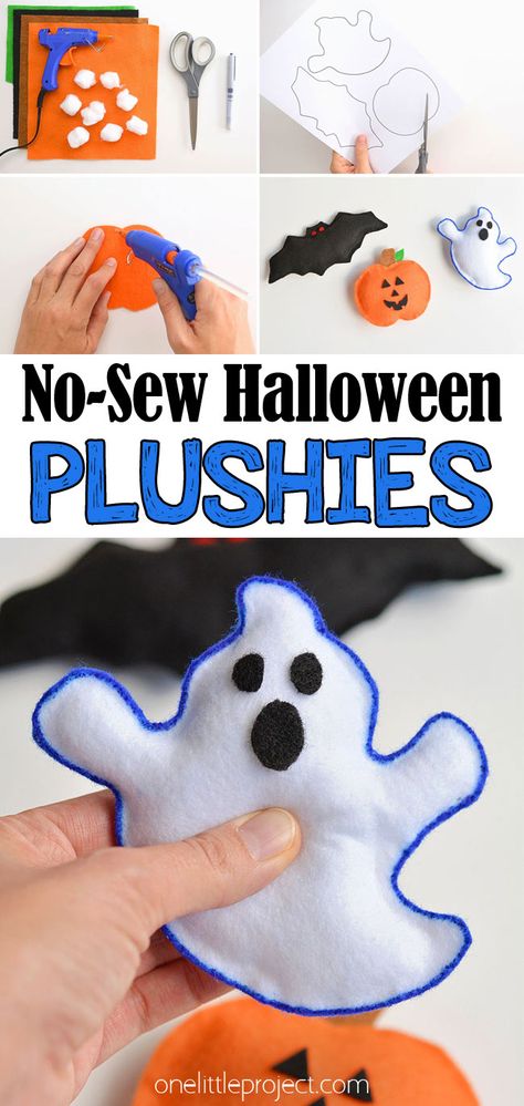 These no-sew Halloween plushies are SO CUTE and they're so simple to make. This is such an easy Halloween craft and a super fun craft for kids. No sewing skills required! Grab the free printable template and make your own ghost, pumpkin and bat plushies. Diy Halloween Gifts For Kids, No Sew Felt Crafts, Halloween Kindergarten Crafts, Sew Wreath, Bat Plushies, Halloween Plushies, Sew Halloween, Quick Halloween Crafts, Diy Costumes Kids Boys