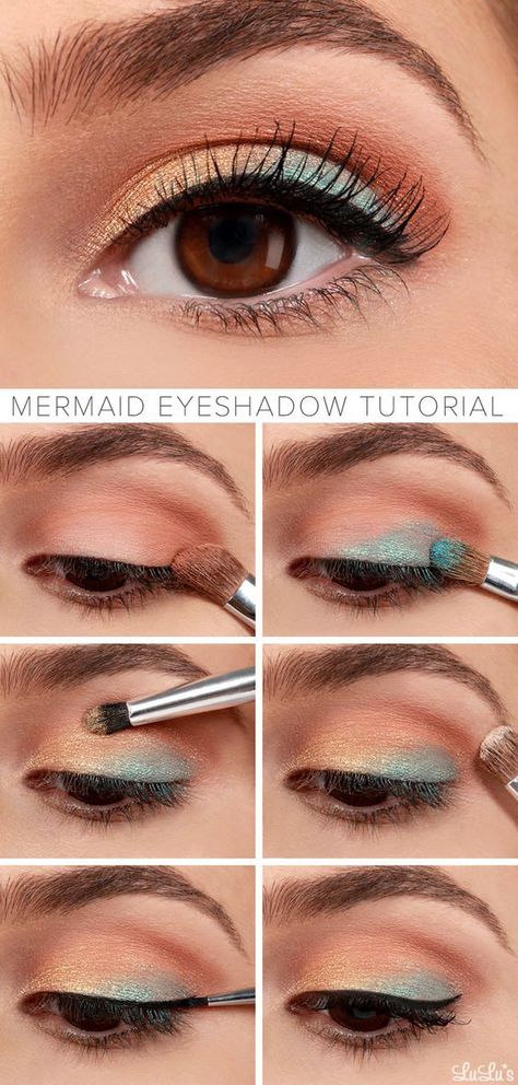 Best Eyeshadow For Brown Eyes, Turquoise Eyeshadow, Spring Makeup Tutorial, Brown Eye Makeup Tutorial, Mermaid Eyes, Peach Makeup, Eyeshadow For Brown Eyes, Easy Makeup Tutorial, Makeup Tutorial Eyeshadow