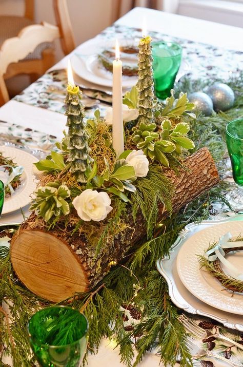 Wooden Yule Log, Wood Yule Log Decoration, Winter Solstice Tablescape, Yule Log Diy, Diy Yule Log, Yule Log Decoration, Elegant Christmas Centerpieces, Log Centerpieces, Yule Traditions