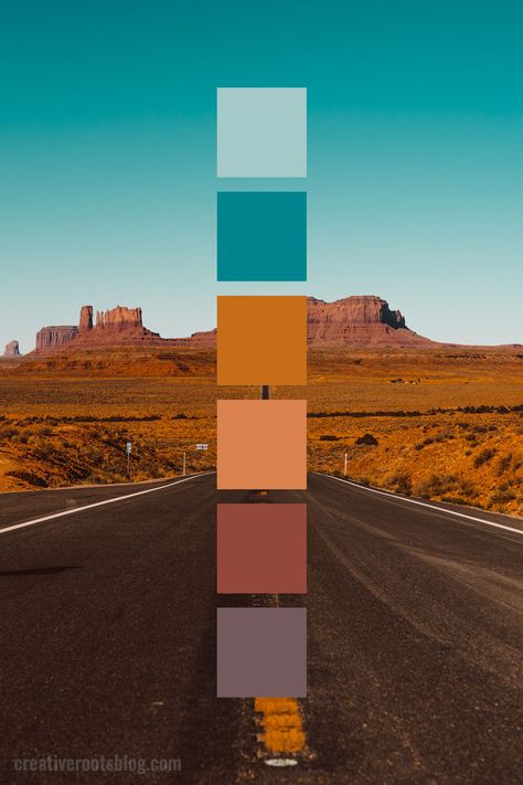 Color palette inspired by a road trip through the desert of Arches National Park. The sun shines bright to create a brilliant teal blue sky and highlight the oranges and yellows of the rocks. Interior design, graphic design, and more can find inspiration and color ideas from this warm desert color palette. Light blue, teal, orange, brown, rust, dusty purple color scheme. Desert Color Palette, House Flipper, Minimalist Dekor, Color Palette Inspiration, Purple Color Schemes, Teal And Orange, Pola Bordir, Desert Colors, Color Schemes Colour Palettes