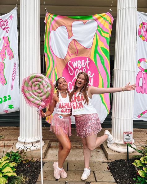 Home Sweet Home Bid Day, Sweet Life Sorority Theme, Sisterhood Themes Sorority, Sweet Bid Day Theme, Candy Theme Sorority, Candy Theme Bid Day, Candy Bid Day Theme, Candy Land Sorority Theme, Candyland Sorority Theme