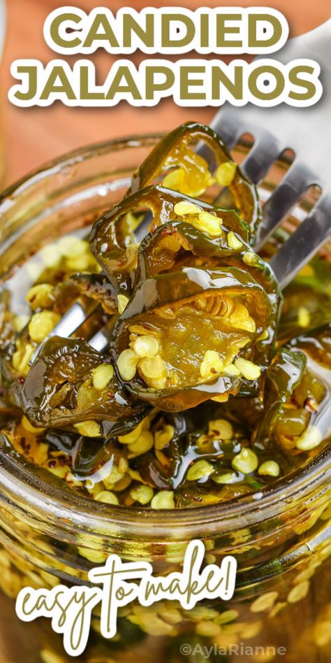 Sweet & Spicy Candied Jalapenos Recipe – Easy copycat cowboy candy with a tangy kick. Perfect for burgers, sandwiches, and more! Elevate your dishes with this flavorful condiment. #CandiedJalapenos #Recipe #FlavorfulDishes via @aylarianne Candy Jalapenos Recipe, Candied Peppers Recipe, Candied Jalapeño Dip, Candied Jalapenos Canning, Pioneer Woman Cowboy Candy, Caramelized Jalapenos, Candy Jalapeno Recipe, Candied Jalapenos Recipe Easy, Cowgirl Candy Recipe With Pineapple