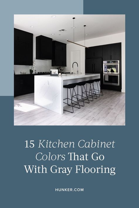 If you're doing a kitchen remodel or a refresh, having a gray floor presents many great options in terms of your color scheme. Here are 15 kitchen cabinet colors that will go great with gray floors. #hunkerhome #greyflooring #greyfloors #kitchen How To Decorate A House With Grey Floors, Cabinet Colors For Grey Floors, Kitchen Cabinet Colors With Grey Floors, Kitchen Colors With Grey Floors, Kitchens With Grey Flooring, Cabinet Colors With Gray Floors, Kitchen Design With Grey Floor, Dark Grey Floors Kitchen, Gray Floor Kitchen Ideas Color Schemes