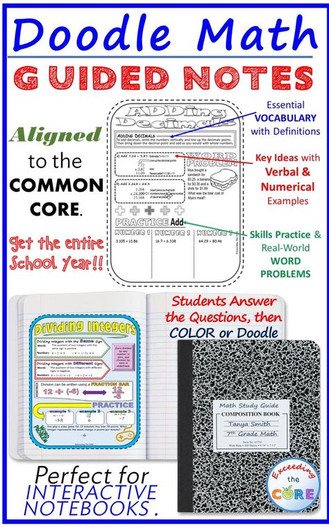 Did you Know? Guided Notes aid in student focus, concept retention, engagement and creativity. Using these notes allows my students to synthesize math concepts and create their own tangible connections in their notes. Guided Notes Includes: __ Key Ideas with Verbal & Numerical Examples __ Completed Examples of Guided Notes __ Skills Practice Questions and Real-World Word Problems __ Essential Vocabulary with Definitions 6th grade math 7th grade math common core doodle notes Doodle Maths, Math Guided Notes, Functions Math, 6th Grade Math, Teaching Algebra, Cricut Hacks, Key Ideas, Math Notebook, Doodle Notes