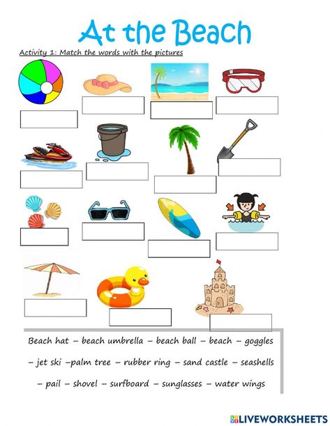 At The Beach Worksheet, Beach Worksheet, Beach Theme Preschool, Holiday Worksheets, Theme Preschool, English Learning Books, Esl Vocabulary, Learning Books, Fun Summer Activities