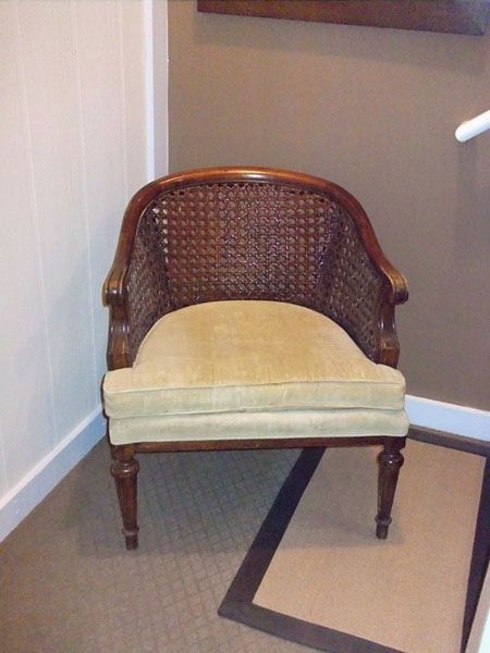 Cane tub chair before How To Reupholster A Tub Chair, Cane Barrel Chair Makeover, Chair Makeover, Chair Decorations, Barrel Chair, Reupholster, Tub Chair, New Life, Accent Chairs