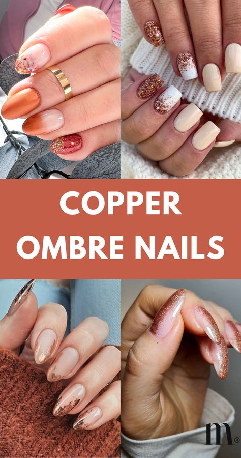 Discover chic copper ombre nail ideas to express your unique style. From subtle gradients to bold statements, find the perfect design to dazzle your fingertips. Explore endless inspiration for stunning copper ombre nails on our blog! 💅✨ Copper Dip Powder Nails, Copper Almond Nails, Ombre Thanksgiving Nails, Fall Glitter Ombre Nails, Copper Ombre Nails, Fall Nails Ideas Dip Powder Ombre, November Ombre Nails, Thanksgiving Nails Ombre, Copper Foil Nails