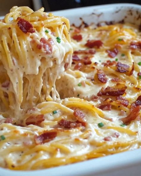 Jamie Oliver Recipes | Bacon Cream Cheese Baked Spaghetti | Facebook Cream Cheese Baked Spaghetti, Cheese Baked Spaghetti, Cream Of Bacon Soup, Delicious Discoveries, Cream Cheese Spaghetti, Baked Pasta Dishes, Spaghetti Ingredients, Grandma Cooking, Bacon Soup