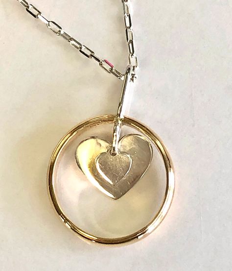 his wedding ring made into her heart pendant - R H Weber Jewelry, LLC Wedding Ring Necklaces Ideas, Wedding Ring Memorial, Wedding Ring Redesign, His Wedding Band, His Wedding Ring, Memorable Jewelry, Heirloom Rings, Wedding Ring Necklaces, Resin Jewelry Diy