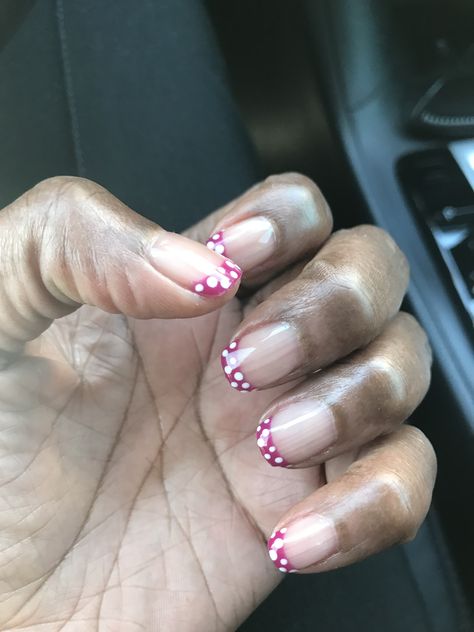 French manicure color with polka dots Polka Dot Nails French Tip, Polka Dot French Tip Nails, Dot French Tip, No Chip Manicure, Pink French Manicure, Gel French Manicure, French Manicure Designs, Manicure Colors, Pedicure Designs