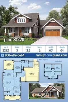 Bungalow, Craftsman, Traditional House Plan 81220 with 3 Beds, 3 Baths, 2 Car Garage Garage With Shop, Bungalow House Floor Plans, Spacious Office, Open Living Space, Two Story House Plans, Two Story House, Porch Columns, Craftsman Bungalow, Craftsman Style House