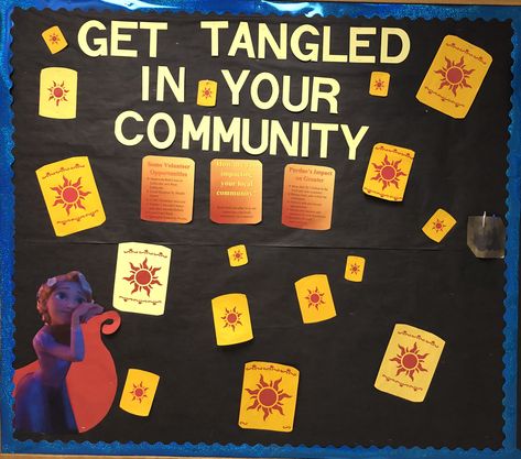 Tangled themed bulletin board. Disney Channel Bulletin Board, Tangled Door Decs, Tangled Bulletin Board, Movie Bulletin Boards, Disney Bulletin Boards, Dorm Bulletin Boards, Res Life Door Decs, Rapunzel Theme, Res Life Bulletin Boards