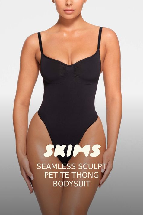 The viral sculpting bodysuit that revolutionized shapewear, now tailored for petite frames. Made to cinch and snatch your figure with strong compression, this game-changing solution features a shortened torso, a reduced inseam with a thong back, and thoughtfully raised armholes. Supportive stitching beneath the scoop neck defines your bust. Includes adjustable straps and snaps at the gusset. Fits true to size; designed for 5’3” and under. | SKIMS Petite Thong Bodysuit | Black | LP | Seamless Sculpt Sculpting Bodysuit, Bodysuit Black, Night Out Outfit, Swim Wear, Black Bodysuit, Shapewear, Adjustable Straps, Night Out, Scoop Neck