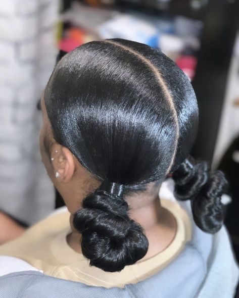 Slicked Back Space Buns, Two Buns With Weave, Space Buns With Weave, Donut Bun Hairstyles For Black Women, Two Buns Hairstyle Black Women, Random Hairstyles, Birthday Braids, Cute Weave Hairstyles, Low Ponytail Hairstyles