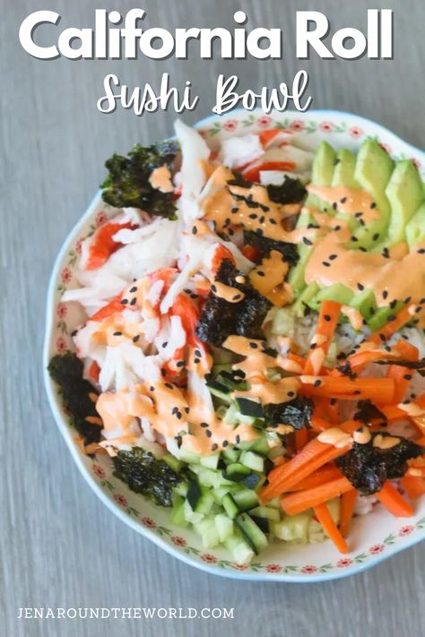 Love sushi but don't know how to make it? This California Roll Sushi Bowl will help you achieve that same effect for sushi without having to roll any rolls. It is simple and easy to make and topped with black sesame seeds and spicy mayo. This Asian-inspired dish is great for dinners or lunch. California Sushi Bowl, California Roll Sushi Bowl, California Roll Bowl, California Bowl, California Roll Sushi, Sushi Bowls, Matchstick Carrots, Roll Sushi, Sushi Bowl