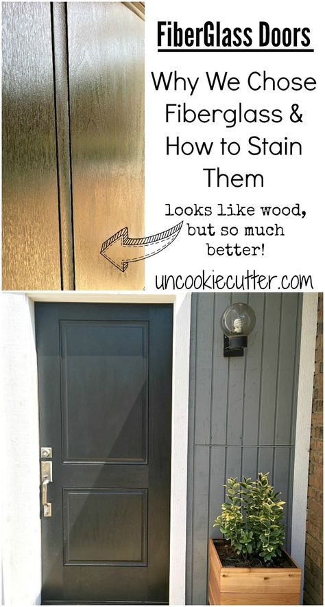 Up the curb appeal of your home with a new exterior front entry fiberglass door. Look of wood, but why it's better and how to stain it! #frontentry #fiberglass #curbappeal Staining Fiberglass Door To Look Like Wood, Fiberglass Exterior Doors Wood Grain, Staining Fiberglass Door, Stained Front Door, Wood Grain Tile, Fiberglass Exterior Doors, Fiberglass Front Door, Fiberglass Entry Doors, Stained Doors