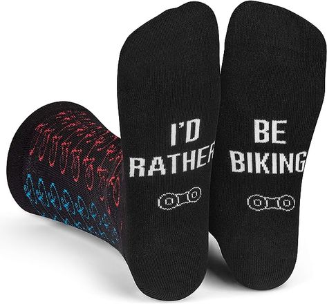 BIKE SOCKS THAT ANY CYCLIST WILL LOVE: These comfortable bicycle socks make the best gifts for cyclists - they get amazing reactions from the recipient! These socks feature a stylish pattern of bicycles done in championship colors; they may not make you faster, but you’ll certainly be looking fresh! The bottom of the socks sport a secret message: I’d Rather Be Biking. Bike Logos Design, Funny Socks For Men, Socks Sport, Novelty Gifts For Men, Bike Socks, Road Biking, Mens Novelty Socks, Riding Bikes, Golf Socks